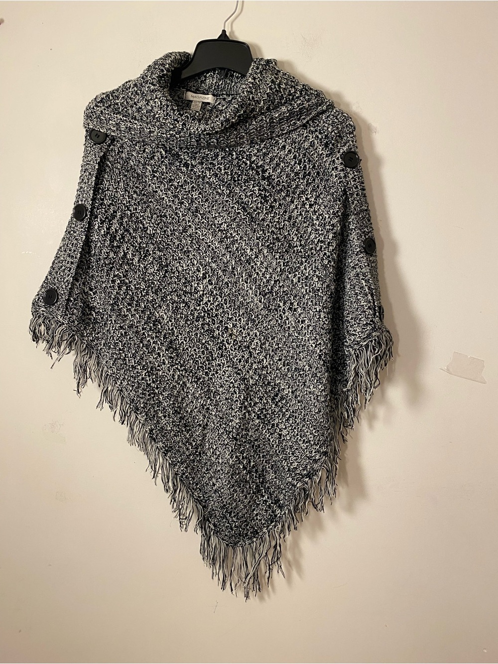 Fringed Knit Poncho Cape with Button Shoulder Detail - Grey